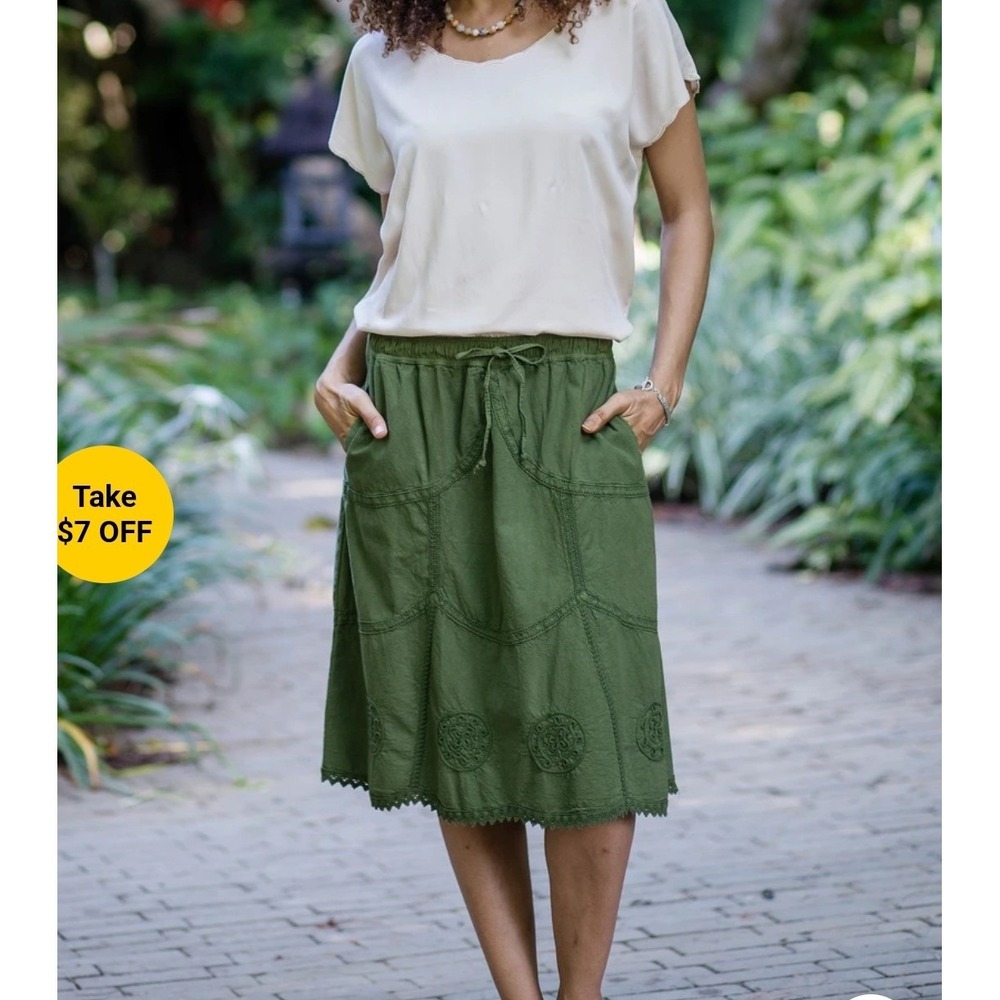 Novica Sage Green Pima Cotton Embroidered Lace Trim Midi Skirt Peru Women Medium